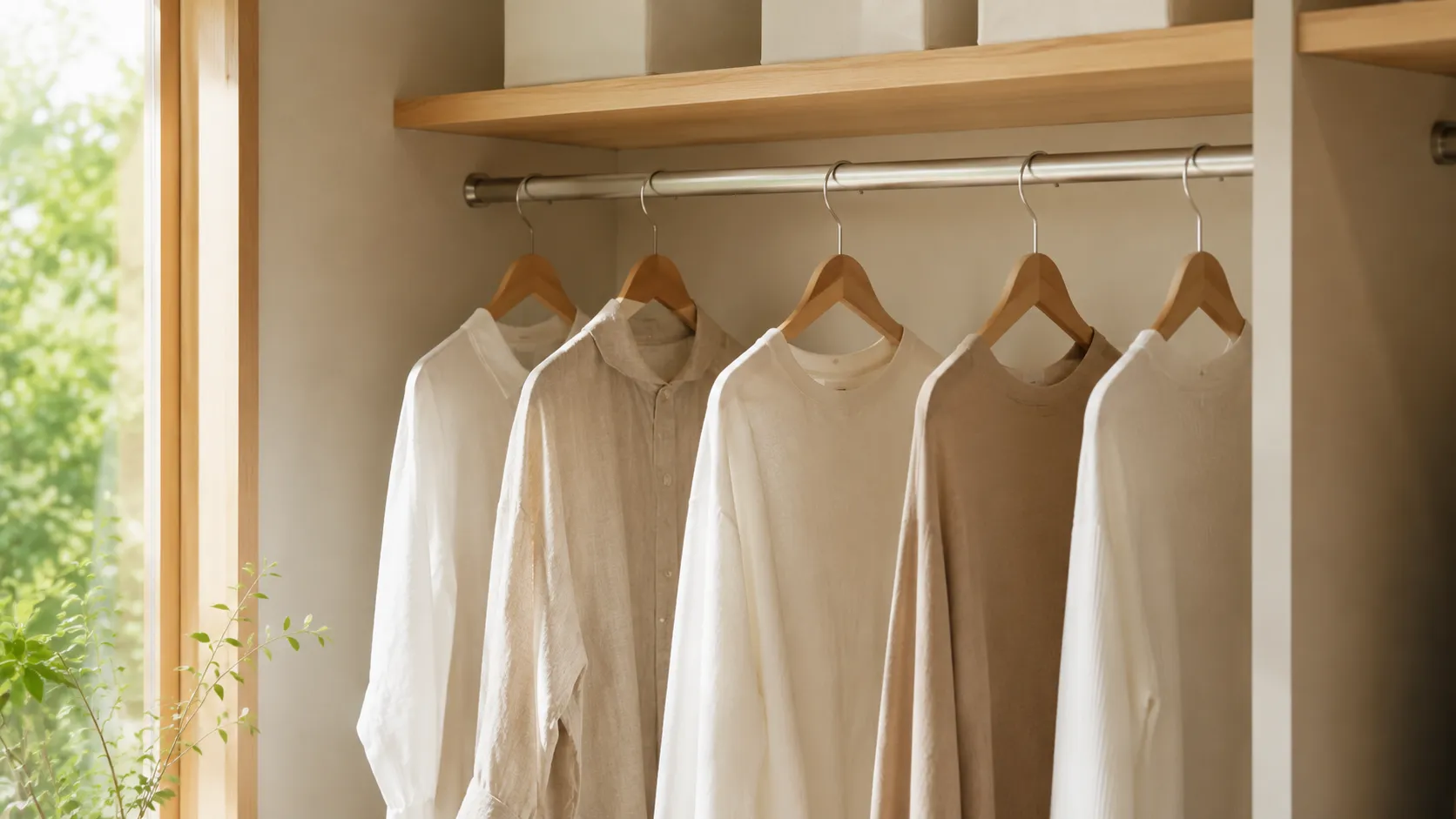 木製ハンガーに数着の服がゆったりとした間隔で掛かっている様子