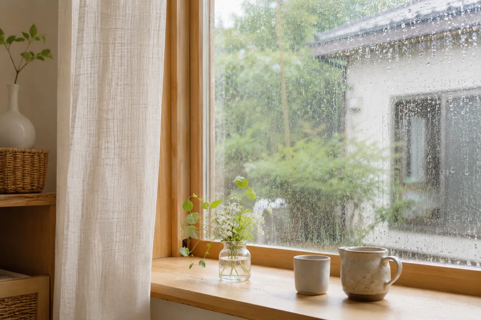 雨粒のついた窓ガラス越しに外の緑が見える、明るい室内からの眺め