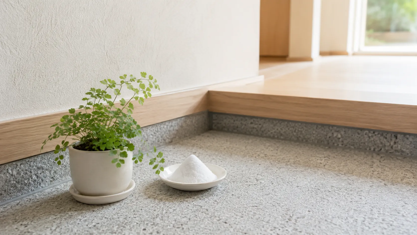 玄関のたたきに置かれた白い盛り塩と、そばの小さな観葉植物