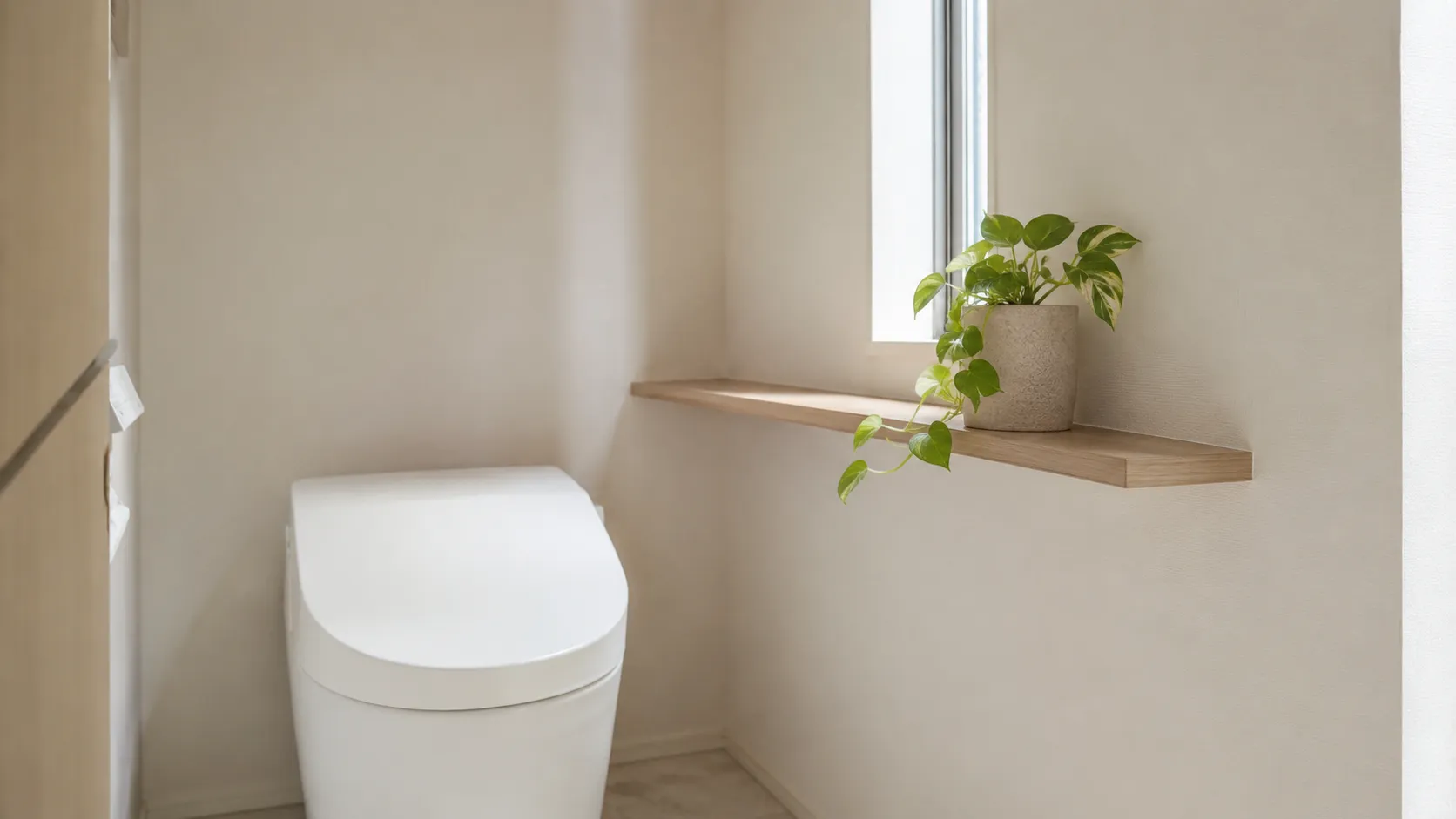 ふたが閉じられた便器と、棚に置かれた小さなポトスの鉢植え