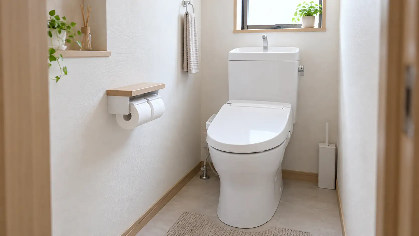明るい家庭のトイレに設置された白い温水洗浄便座