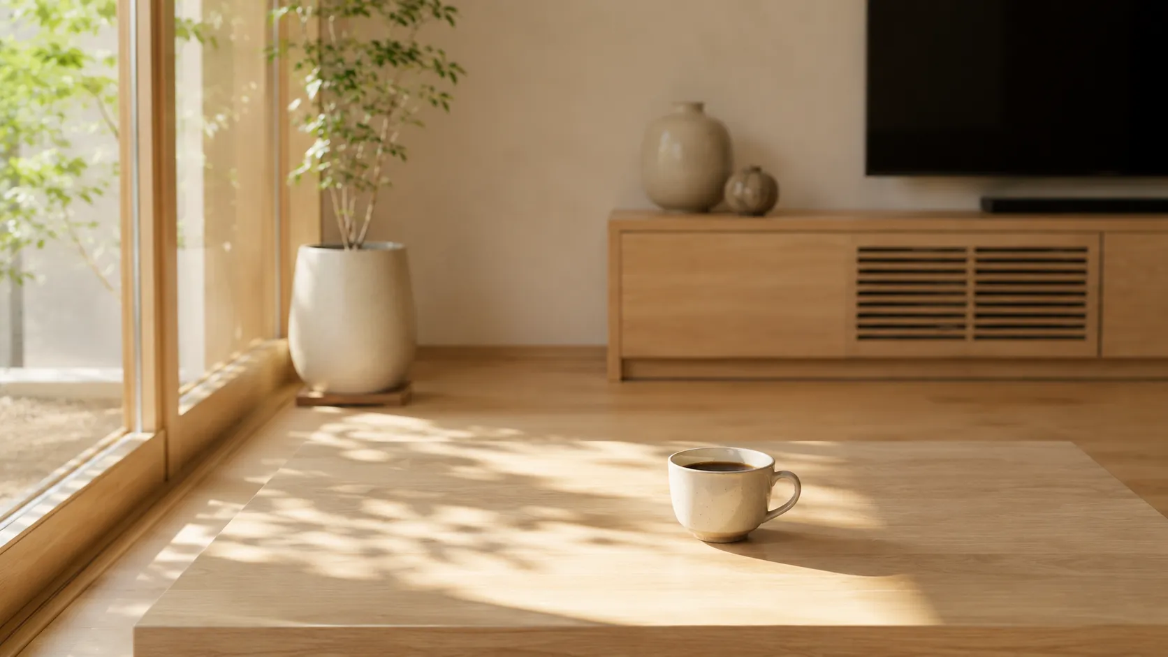 窓辺の光が差し込むテーブルにコーヒーカップが1つ置かれた、静かな朝の様子