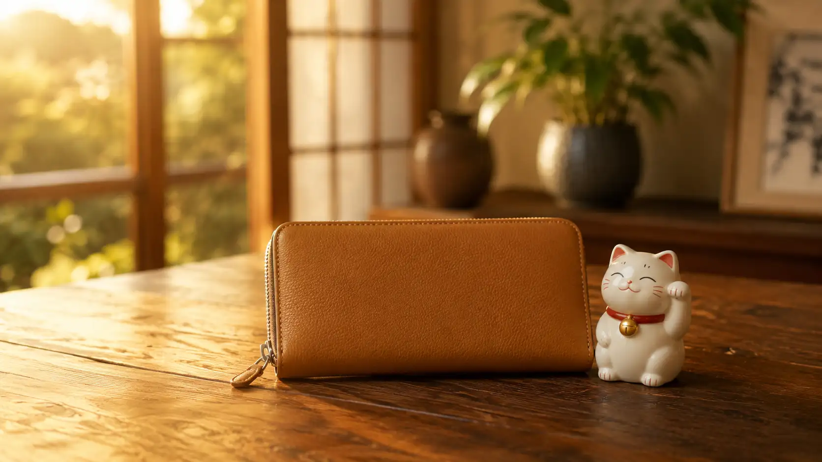 上品な質感の長財布と、そばに置かれた小さな招き猫の置物