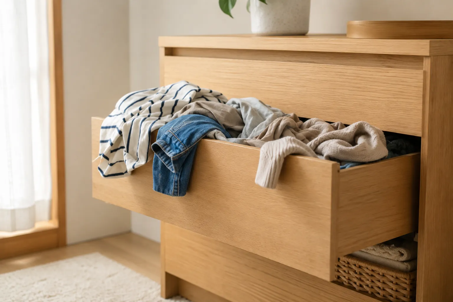 木の引き出しから服がはみ出して、押し込まれている様子