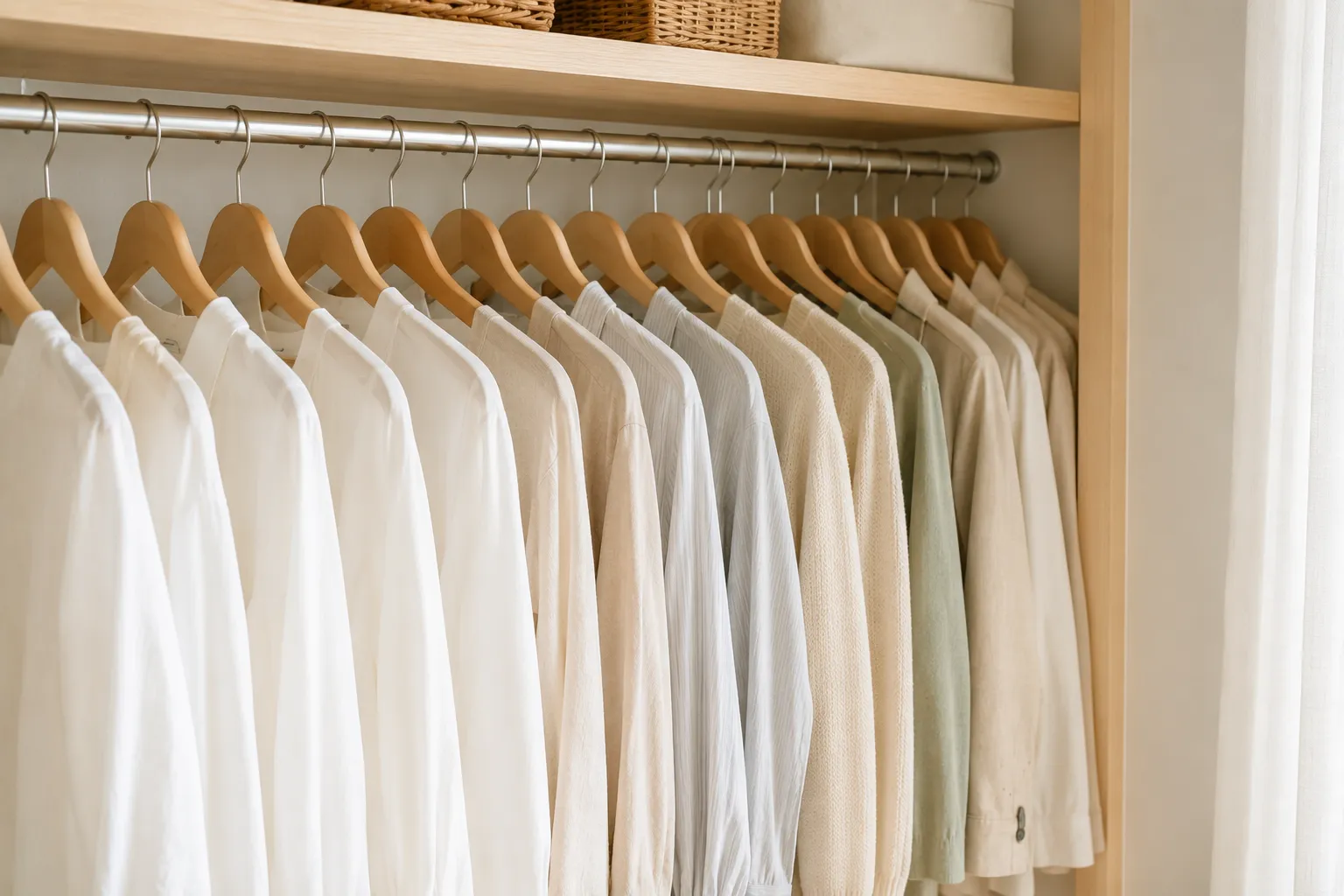 クローゼットのバーに、同じ木のハンガーで白やベージュの服が整然と並んでいる様子