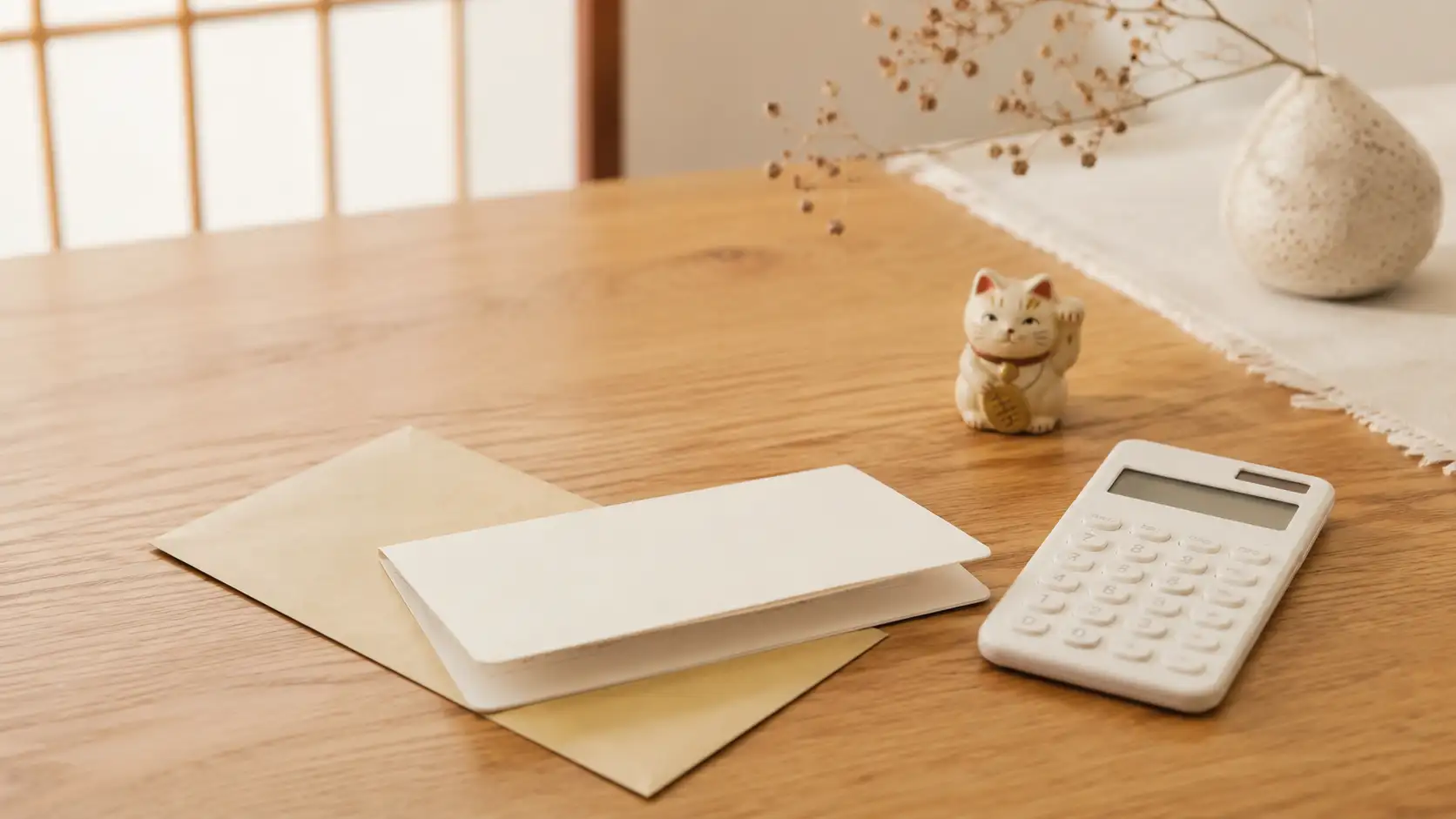 木のテーブルに置かれた通帳と茶封筒、電卓と小さな招き猫