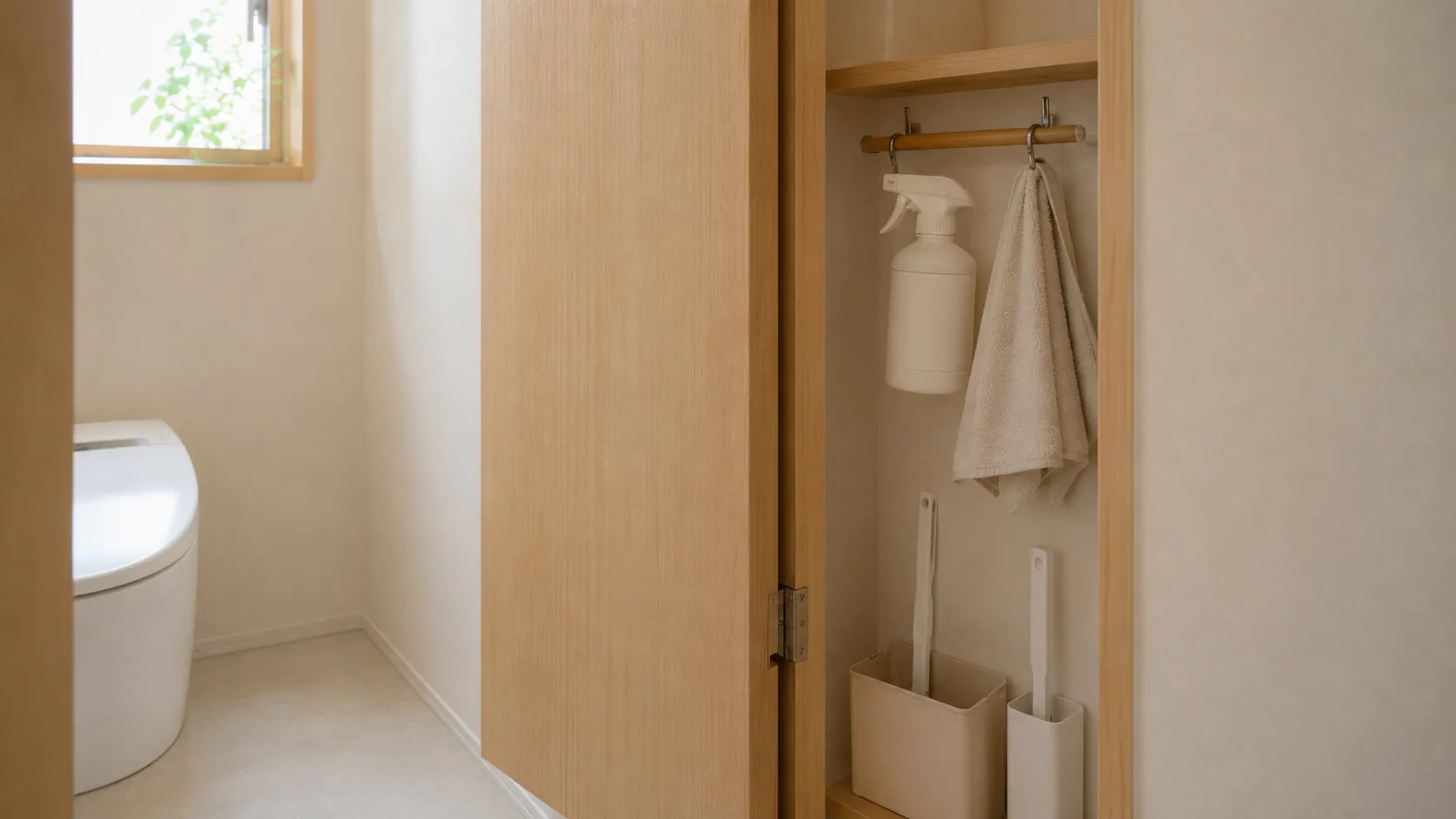 スプレーボトルとクロスが掛けられた、トイレの小さな掃除道具の収納